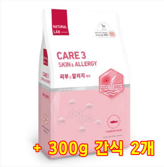 네츄럴랩 독케어3 피부&알러지 2kg + 300g간식(2개) 증정 강아지 사료, 1개, 가수분해연어