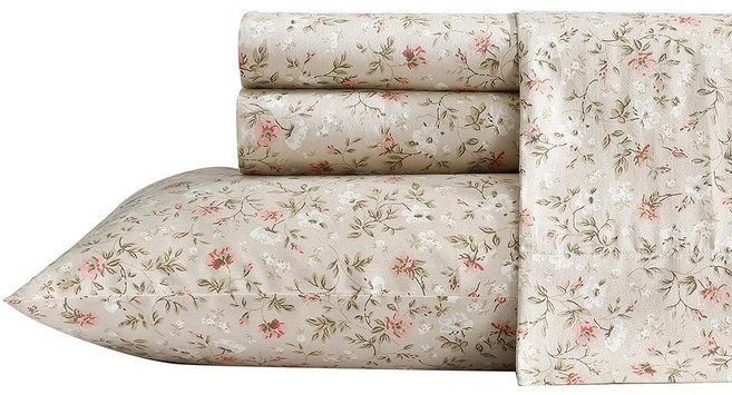 Laura Ashley Home 새틴 컬렉션 침대 시트 세트 실크처럼, Bonnie Beige