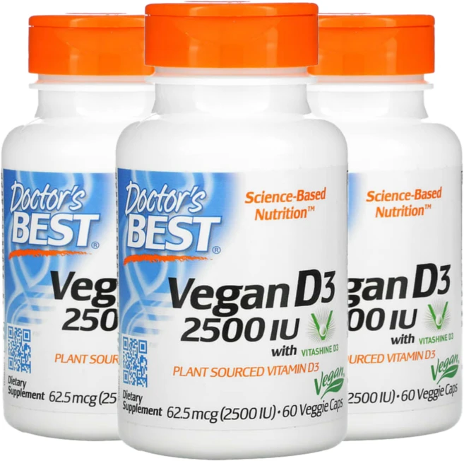 닥터스베스트 Doctor's best 비타샤인 Vitashine 비타민 D3 2500IU 60베지캡슐 3개 콜레칼시페롤 디알파토코페롤 아스코빌 팔미테이트, 60정, 3통 - 쿠팡