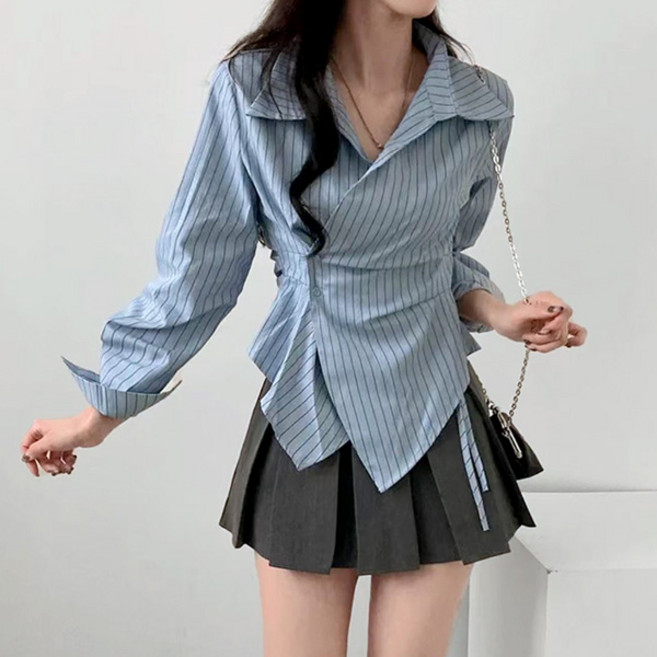 라라홀리 몸매보정 허리 잘록 셔링 카라 랩단추 블라우스 셔츠