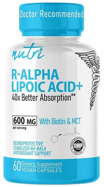 Nutri R 알파 리포산 600mg 캡슐 - 비오틴으로 안정화된 R-ALA의 활성 형태 임상 복용량 강력한 세포 에너지 지원 비건 60개 RALA, 60 Count (Pack of 1), 1, 60 - 쿠팡
