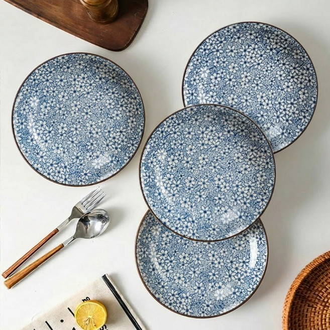 WHH 북유럽 원형 접시 예쁜 도자기그릇 홈 식기 파스타볼 세트, 플라워 잔무늬, 4개