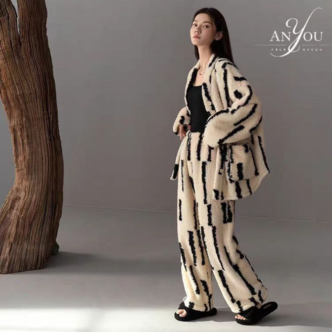 ANYOU 여성 가을겨울 잠옷 부드러운 가디건 + 슬랙스 세트 편안하고 심플한 홈웨어