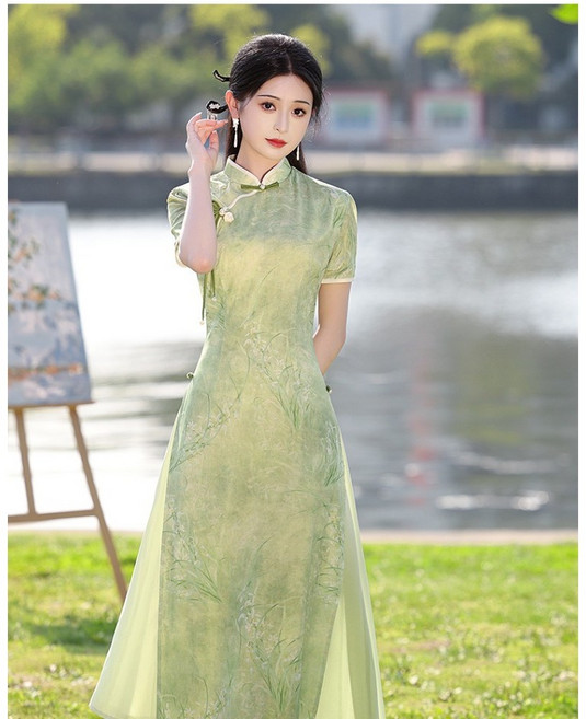 FINE ART 여성 치파오 라운드 낮은 트임 그린 3부 소매 나른 여름 개량 젊은 반팔 데일리