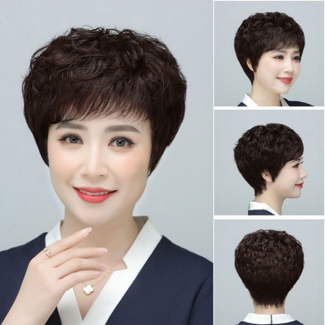 큐엔유 세련된 중년 여성 숏컷펌 전체가발 엄마 단발 볼륨펌 인모 통가발, 1개, 브라운