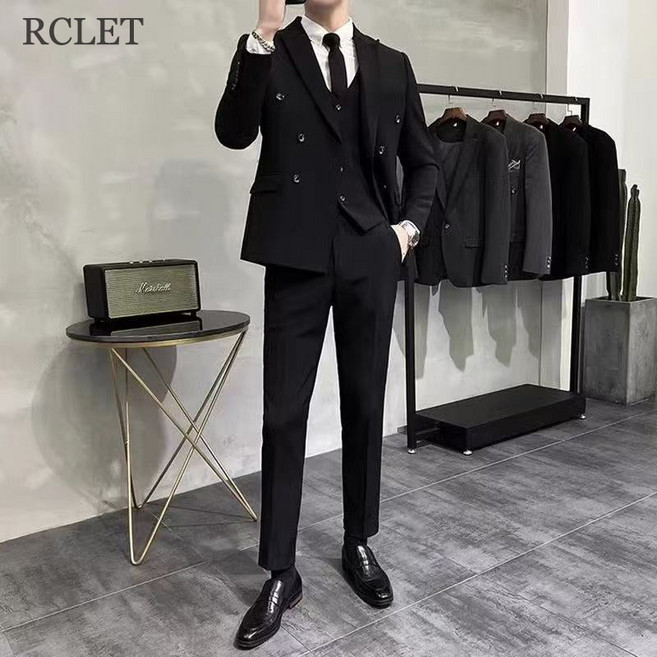 RCLET 남성 정장 세트 더블 정장 코트+정장 바지 세트 비즈니스 정장 결혼식 정장