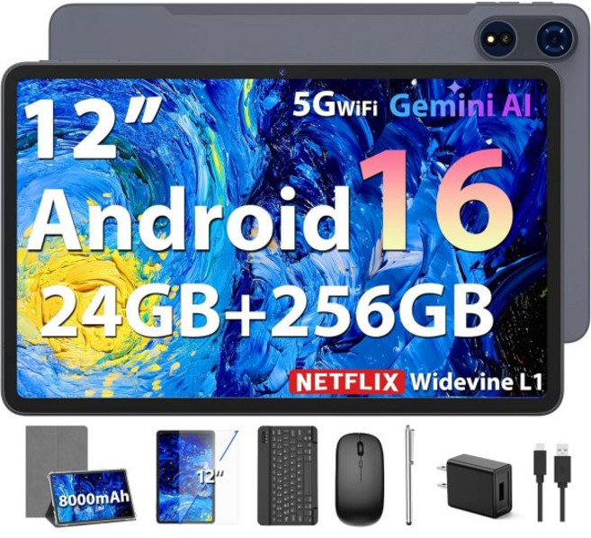2026 안드로이드 16 태블릿 12인치 키보드 포함 24GB+256GB+2TB 확장 가능 전자 PC 2K 제미니 AI 8000mAh 옥타코어 GMS GPS 2in1 대형 케이, YLEEBG 핑크