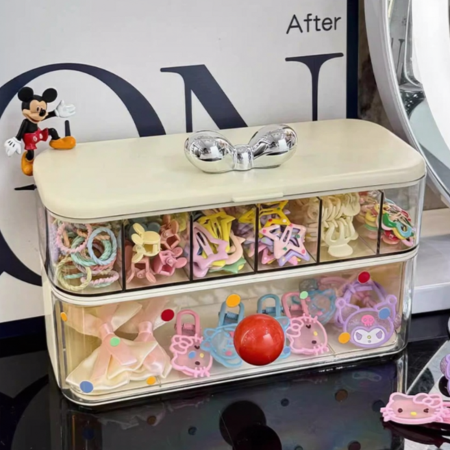 엠디오 디럭스 2단 헤어 액세서리 정리함, 1개, 커스터드(실버리본,레드볼)