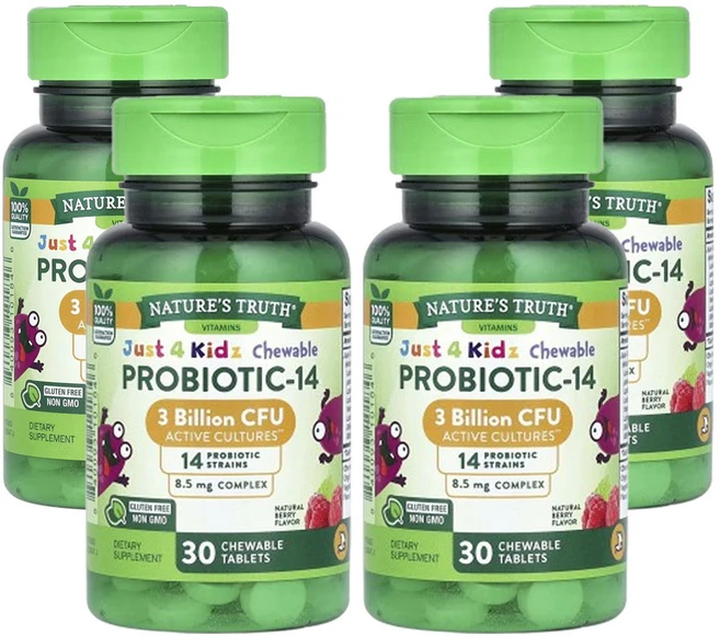 네춰스 트르스 Just 4 Kidz 츄어블 프로바이오틱-14 천연 베리 30억 CFU 30츄어블 정제, 30정, 4팩 - 쿠팡