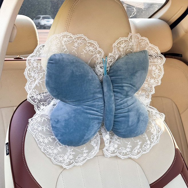 레이스 나비 차량등받이쿠션 목허리쿠션 쇼파쿠션 의자쿠션 (아름답고 사치스러운 스타일 차량 내부/거실 등에서 사용하기 적합함), 머리 - 파란색