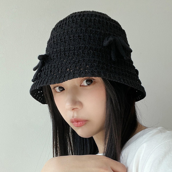 동대문모자 펀칭 리본 여성 여름 니트 버킷햇 린넨 벙거지
