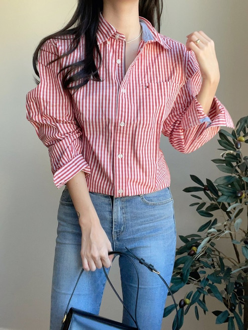 타미힐피거 남녀공용 깅엄체크 코튼 긴팔 셔츠 3색택1