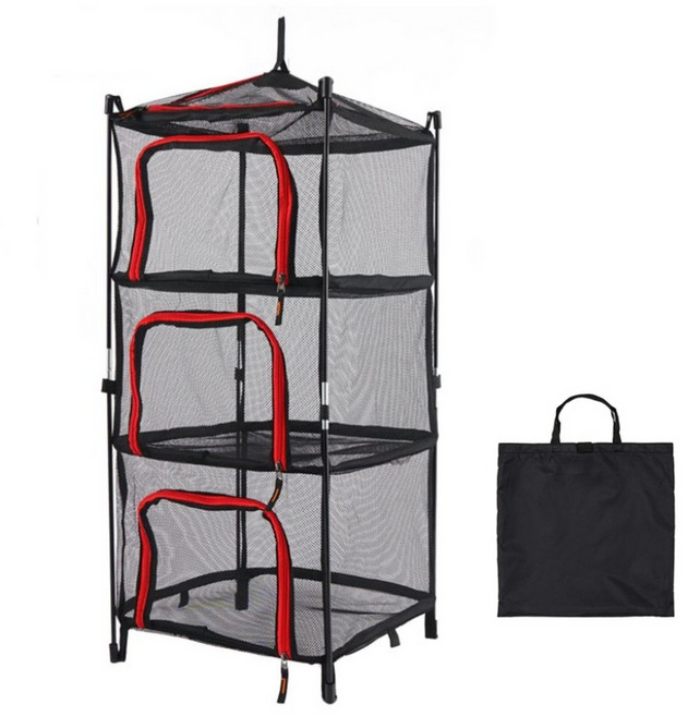 당돌 자립형 3단 캠핑 식기 건조대 건조망 + 파우치, 레드, 1개