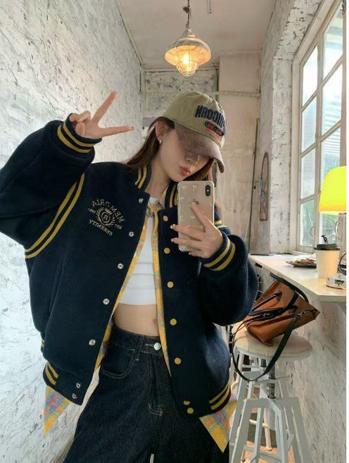 美式休閒棒球服外套女 秋冬新款拼色寬鬆加厚夾克上衣