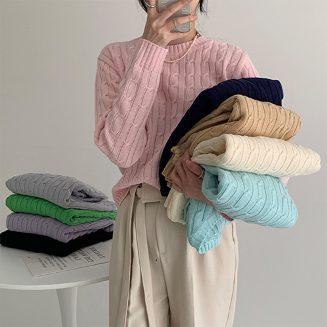 [순이] S.여성 봄 깔끔핏 꽈배기 라운드 니트