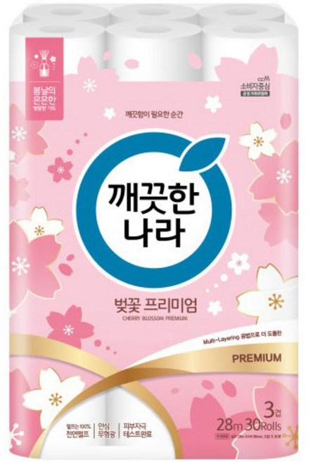 깨끗한나라 벚꽃 프리미엄 3겹 28M 30롤 X1팩, 1개