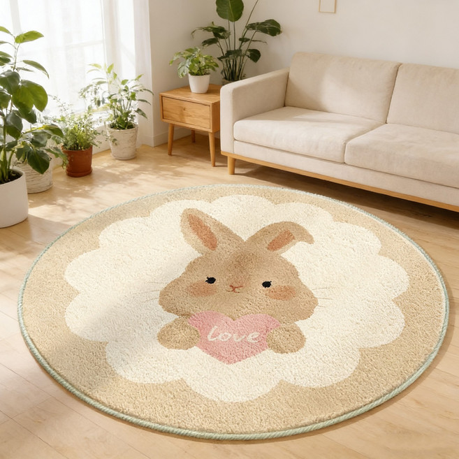 VELNIO 귀여운 캐릭터 원형 러그 모카시미어 촉감 부드러운 거실 아기방 카페트 세탁 가능