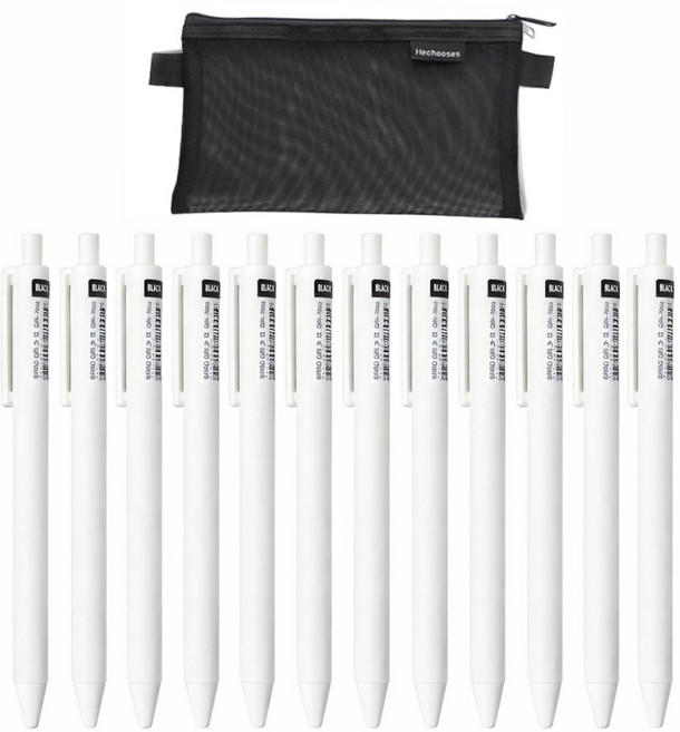 중성펜 0.5mm 대용량 필기구 학생 사무용 볼펜 메쉬필통 포함, 블랙, 12개