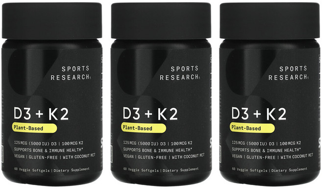 스포츠리서치 3개X D3 + K2 식물성 베지 소프트젤 60정, 3개