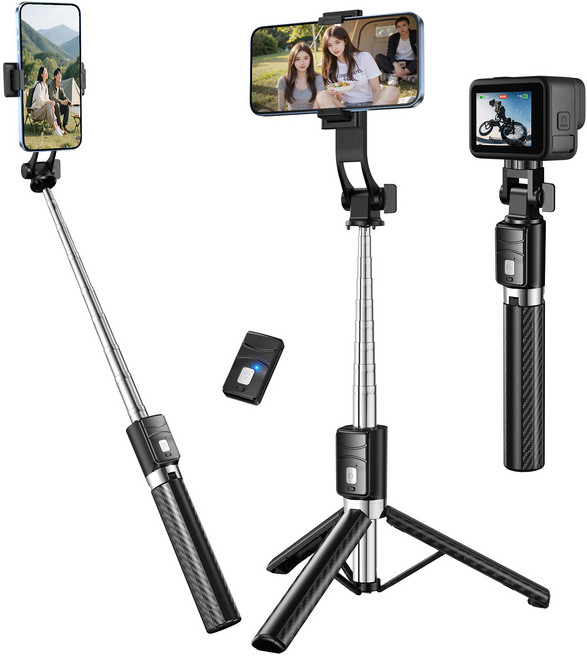 NICESUN 블루투스 휴대폰 삼각대 스마트폰/카메라/고프로 삼각대 셀카봉 130cm S6, 블랙