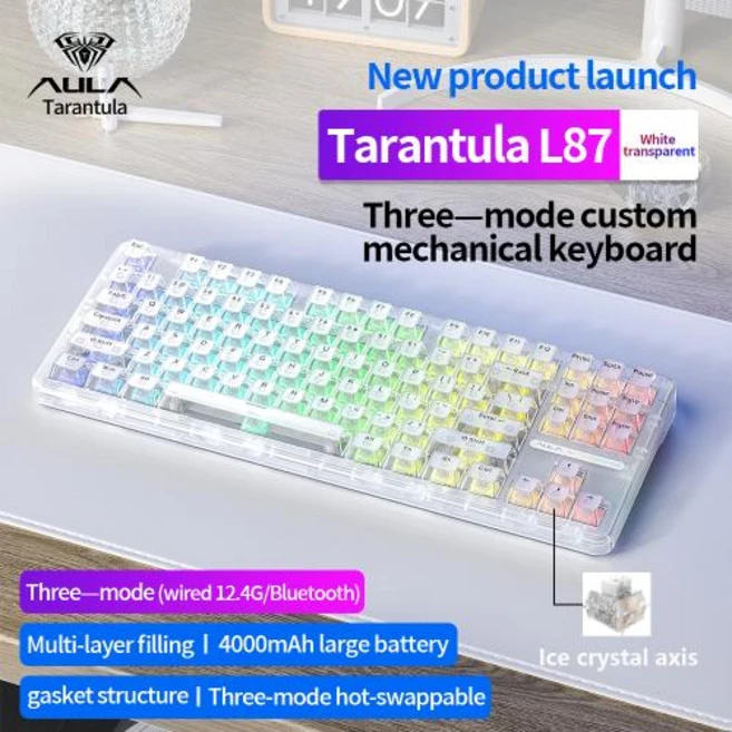 무선키보드 블루투스 저소음 무접점 추천 AULA L87 기계식 키보드 2.4g USB 트라이 모드 무선 87 키 RGB Pbt 개스킷 5 레이어 사일런싱 전체 충격 없음, 2) White, 1개 - 쿠팡