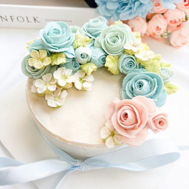 하남 앙금 플라워 떡 케이크 블루 장미 크레센트 떡 케이크 (미니 1호 2호), 300g, 1개