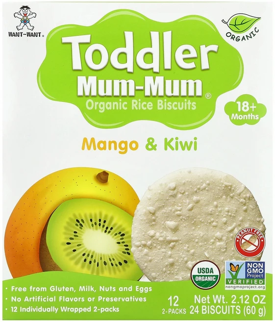 Hot Kid 토들러 Mum-Mum® 유기농 쌀 비스킷 생후 18개월 이상 망고 & 키위 12팩 각 2개 Kid (핫키드), Hot Kid, 토들러 Mum-Mum®, 유기농 쌀 - 쿠팡