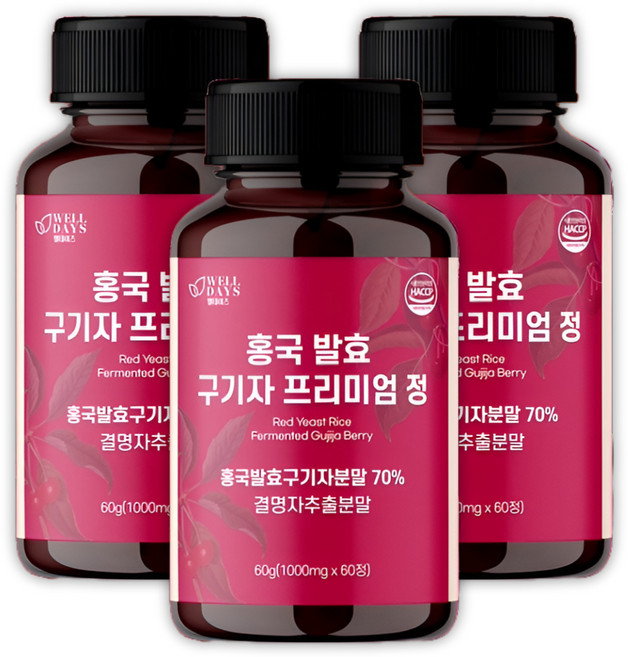 웰데이즈 홍국 발효 구기자 정 1000mg, 3개, 60정