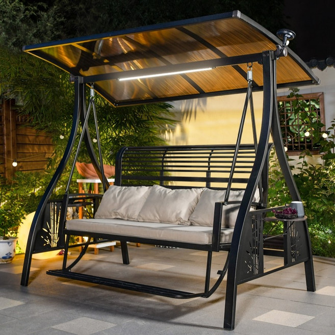 [OOH!MARKET] 감성적인 알루미늄 그네의자 태양광 쉼터형 해먹 흔들의자세트 야외정원용, 팥고물 3인용, 1개