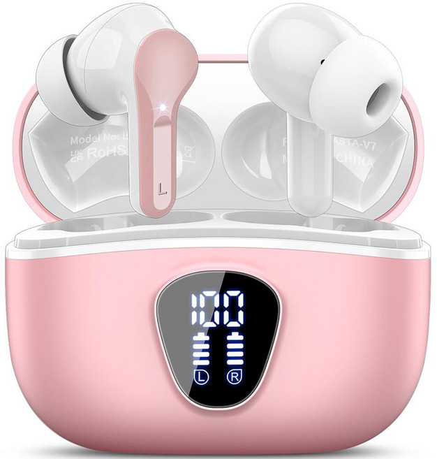 무선 이어버즈[호환] 블루투스 5.4 헤드폰 HiFi 스테레오 ENC 노이즈 캔슬링 마이크가 있는 IP7 방수 인이어 이어폰 48H 핑크 [호환], 2-핑크