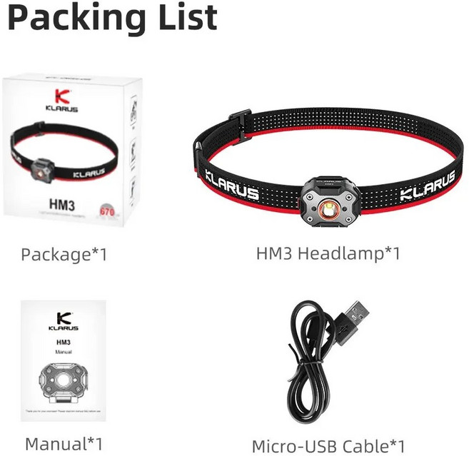 헤드랜턴 led충전식 휴대용 충전식 가능한 HM3 LED 손전등 밝기 헤드 USB Klarus 조정 전조등 미니 낚시 캠핑을위한, 1) HM3, 1개