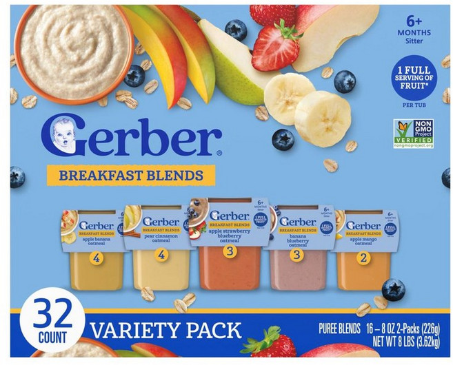 Gerber 거버 2단계 브랙퍼스트 블렌드 32p 버라이어티팩 3.62kg, 1개, 사과 바나나 딸기 블루베리 망고