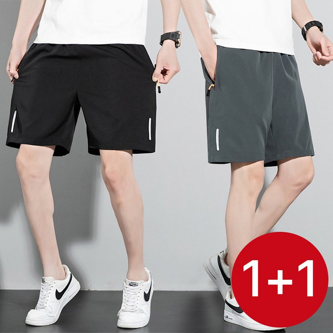 1+1스타일아유 남성용 얇은 아이스 쿨링 통기성 좋은 루즈핏 5부 캐주얼 운동 반바지 HP0481
