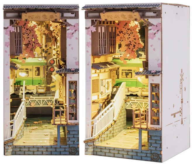 3D 입체 목재 미니어처 키덜트 DIY 퍼즐 조립식 취미 인테리어 소품 북누크, 일본 벚꽃 거리, 1개