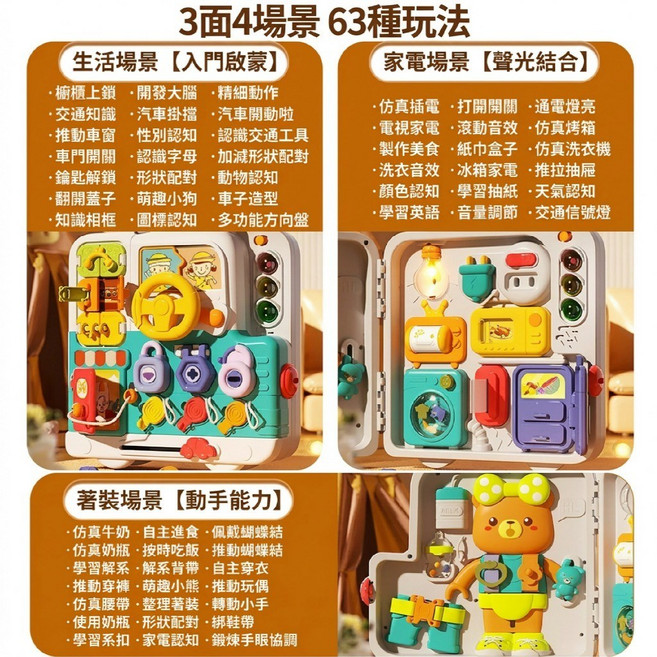 多功能忙碌車 54合1 生活學習 蒙特梭利 忙碌板 教具 模擬方向盤, 1個, （54合一）多功能忙碌書本