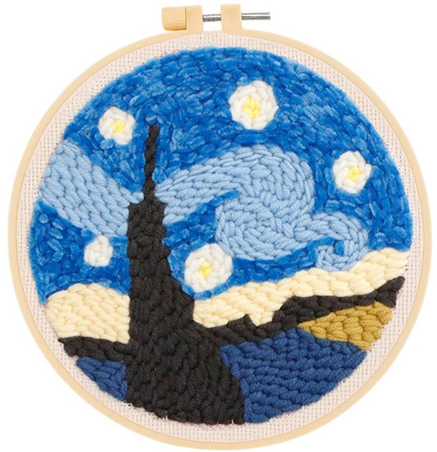 투데이리빙 DIY 펀치 니들 자수 세트 초보자 힐링 취미 뜨개질 만들기 감성 털실 펀칭 공예 십자수 키트 귀여운 원형 소품 액자 프레임, 별이빛나는밤, 1세트