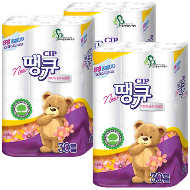 뉴땡큐 100% 천연펄프18m 3겹x30롤x3팩 / 90롤 화장지 휴지, 18m, 30롤, 3개