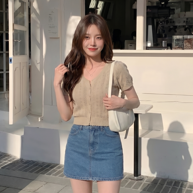 에리르 펀칭 프릴 반팔 가디건 베이직 무지 크로셰 크롭 니트