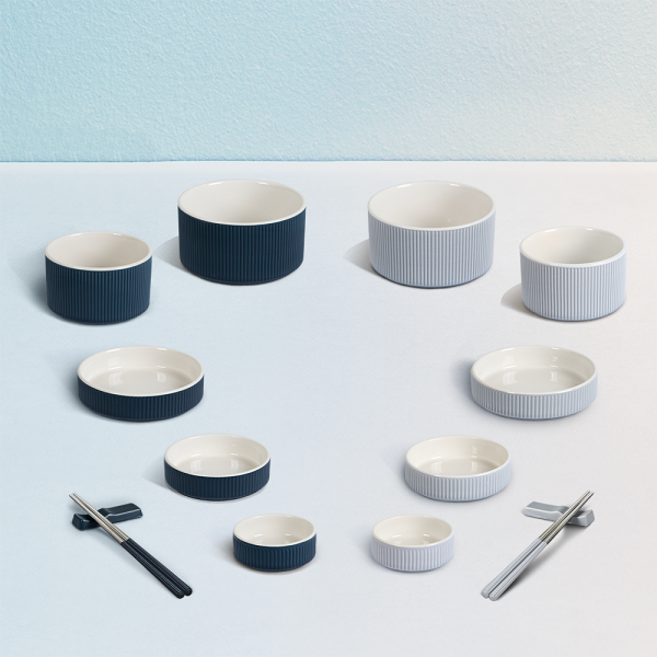 밀양도자기 피오르 모던 도자기 그릇세트 14P 예쁜 접시 밥그릇 국그릇, 1세트, 블루&화이트