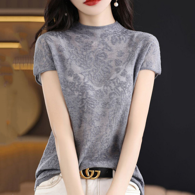 ROYALBELLE 여성 레이스 시스루 반팔 니트 티셔츠 반폴라 펀칭 얇은 티셔츠 V052419