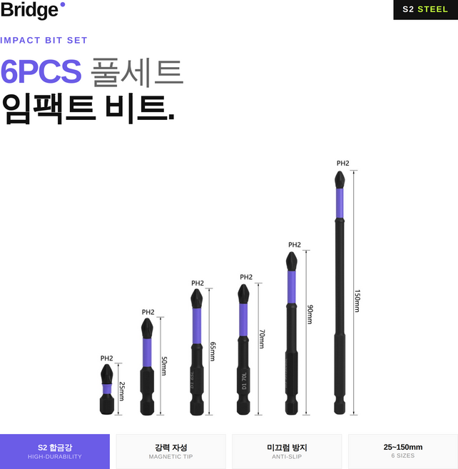 6PCS 충격 비트 세트 강자석 미끄럼방지 임팩트 십자 드라이버 비트 고경도 + 거치대, 1세트