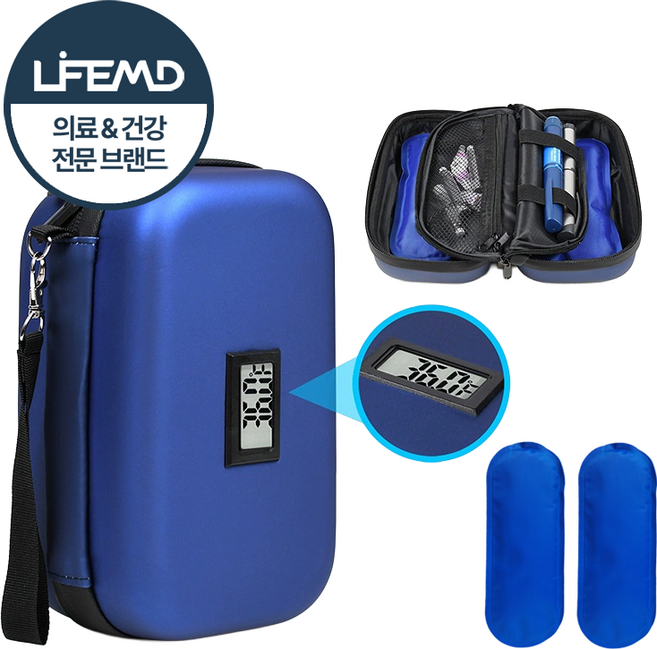 라이프엠디 휴대용 온도 표시 보냉 파우치 약품 아이스 가방 미니 냉장약 보관 쿨러백 주사약 케이스 약보관 보냉백, 블루