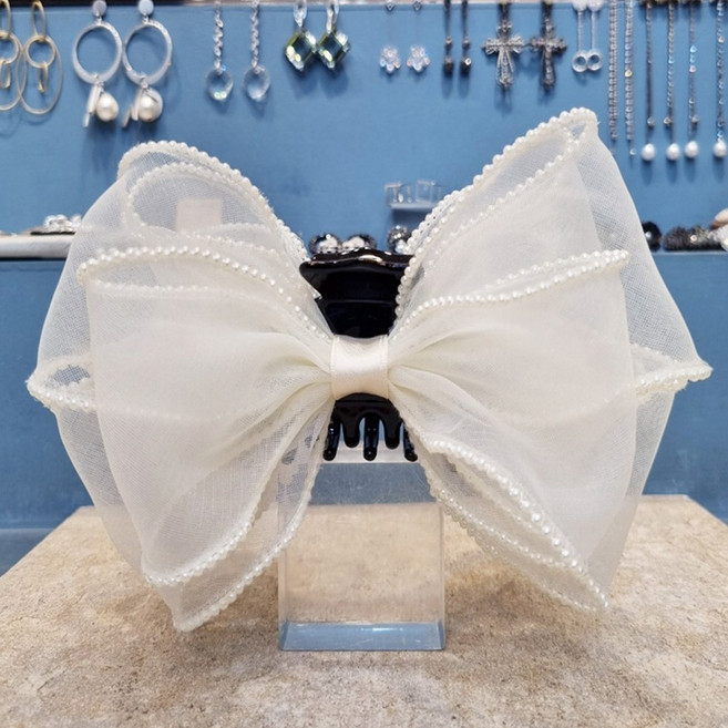 루루핀 서효림 테두리 진주 시스루 원단 블랙 아이보리 가벼운 왕리본 올림머리 반머리 집게핀