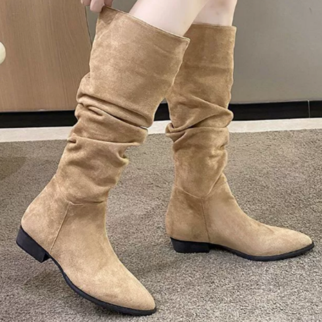 벨로아 통넓은 셔링 스웨이드 웨스턴 주름부츠