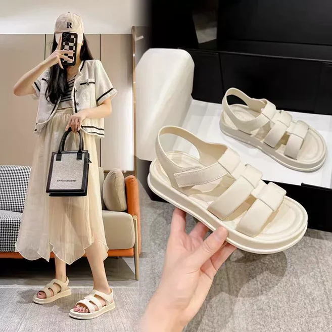 FINE ART 여름 캐주얼 편안한 로마 샌들 스트랩 찍찍이 여성 샌들