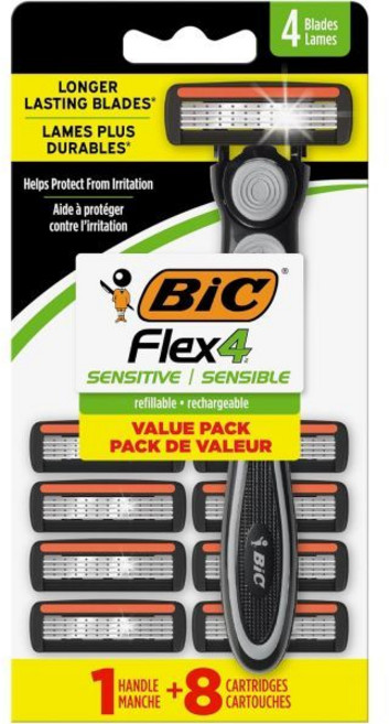 BIC 민감한 피부를 위한 오래 지속되는 남성 리필 면도기 4중날 일회용 손잡이 1개 및 카트리지 8개 면도 키트 9피스, Black/Green