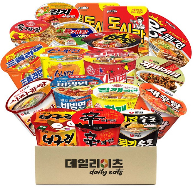 [데일리이츠] 컵라면 큰사발 용기 사발면 18종 세트 (신라면 너구리 새우탕 튀김우동 짜파게티 진라면 열라면 참깨 스낵면 팔도비빔 삼양 왕뚜껑 사발면 팔도도시락 등), 1개