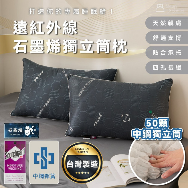遠紅外線石墨烯獨立筒枕 台灣製造 50顆獨立筒彈簧 3M吸濕排汗 銀離子 飯店枕, 1個, 1入