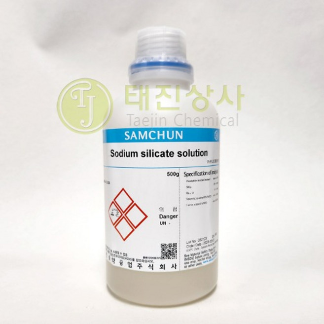 규산나트륨용액 Sodium silicate solution 9~10%(as Na{2}O) 28~30%(as SiO{2}) [1344-09-8] CP 500g