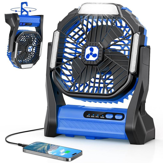 휴대용 충전식 팬 20000mAh 무선 배터리 전원 캠핑 텐트 팬 SOS 및 LED 랜턴 포함 소형 USB C 작동 야외 통풍기 낚시 여행 캠프 피크닉 해변 사무실 책상, Blue